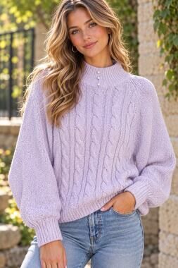 Vtg 90s Miranda Sz L Lavender Cable Knit Sweater Pearl Romantic Coquette Cottage